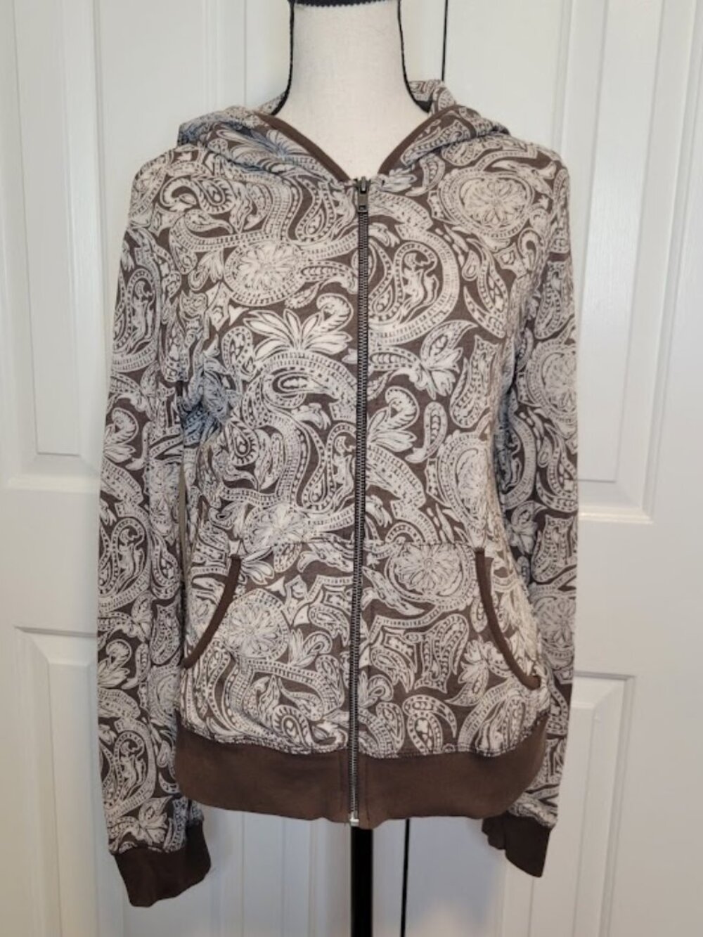 Avani Made USA Paisley Full Zip Hoodie Jacket Brown Ivory Size Large